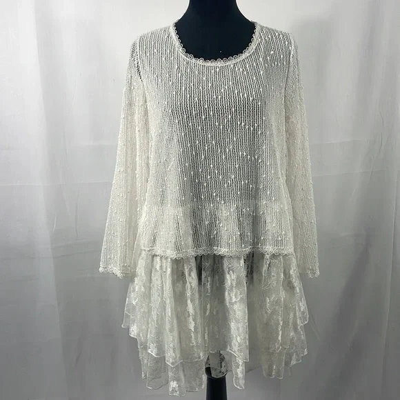 Simply Couture, Baby doll, layered Dress,Lace, with bow tie scarf, White, Medium - Picture 2 of 10